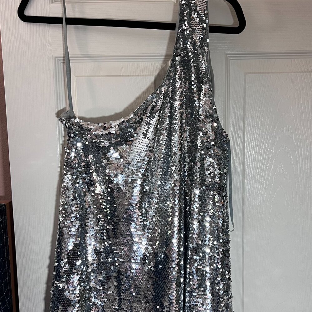 Anthropologie Maeve Asymmetrical Silver Sequin Maxi Dress - Picture 2 of 6